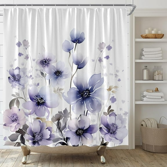Watercolor Floral Waterproof Shower Curtain Purple Flower Spring Rustic Farmhosue Botanical Plant Modern Fabric Bathroom Decor with Hooks 54"W x 78"L (Pack of 1)