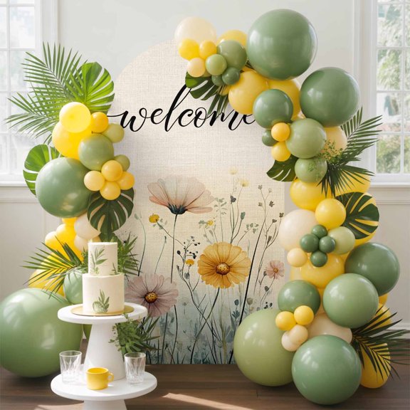 Watercolor Floral Welcome Quote Arch Backdrop Cover Stretchy Spandex Arch Cover 6ft, Vintage Linen Texture Round Top Chiara Stand Covers for Wedding Birthday Party Ceremony Banquet