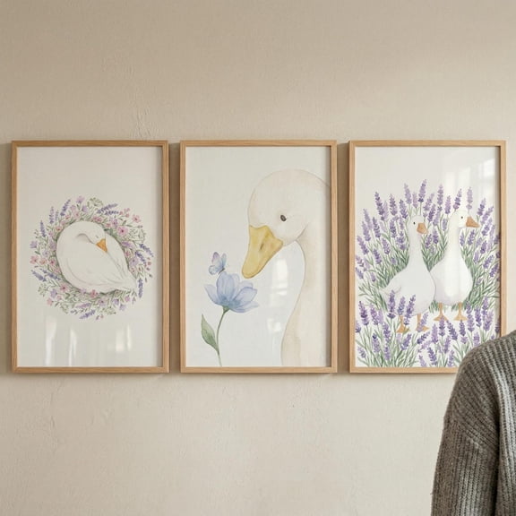 Watercolor Floral White Goose Wall Art Set Of 3 Lavender Nursery Decor Cottagecore Farmhouse Prints Whimsical Bird Art Baby Room Decor Set 3