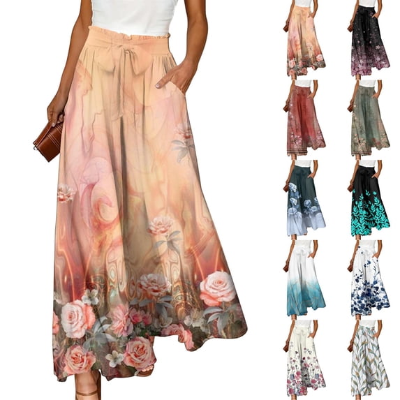 Watercolor Floral Wide Leg Pants for Women, High Waist Drawstring Palazzo Trousers - Boho Summer Flowy Beach Bottoms Light Blue M