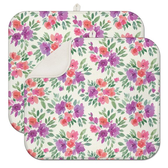 Watercolor Floral Wildrose Dish Drying Mat, Set Of 2 Ultra Absorbent Microfiber Dish Drainer Pad, Foldable for Easy Storage with Built-In Hanging Loops, Decorative Kitchen Accent ,16x18in