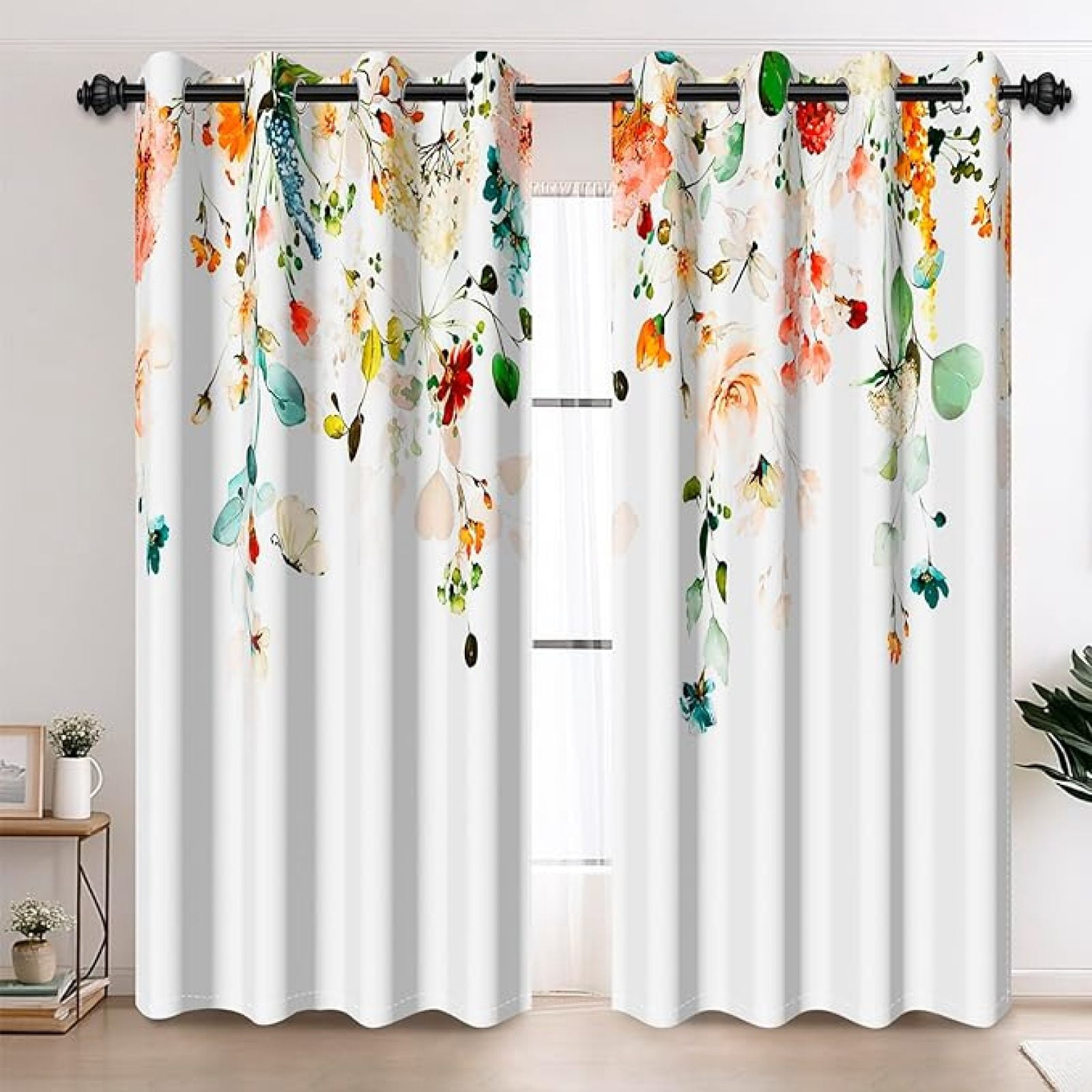 Watercolor Floral Window Curtain Panels Bedroom Decor, Botanical Print ...