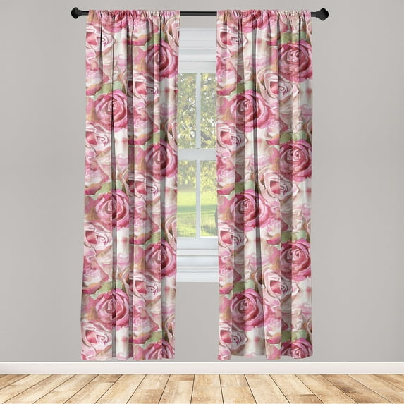 Watercolor Floral Window Curtains, Springtime Inspired Flowers Vintage Pattern Painting Style Art, Lightweight Decor 2-Panel Set with Rod Pocket, Pair of - 28"x84", Rose Pistachio Green, by Ambesonne
