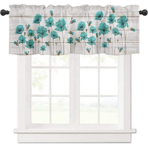 Watercolor Floral Windows Valances Curtain Teal Green Poppy Flower Kitchen Valances Rod Pocket Spring Flower Wood Grain Window Treatment Short Topper Curtains for Kitchen Living Bedroom,54 by 18 inch