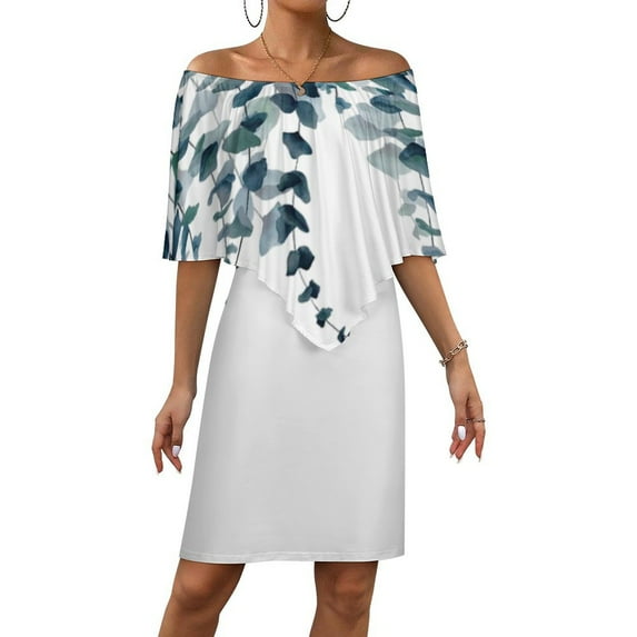 Watercolor Floral Women's Off The Shoulder Ruffles Summer Wedding Guest Loose Casual Party Beach Dress