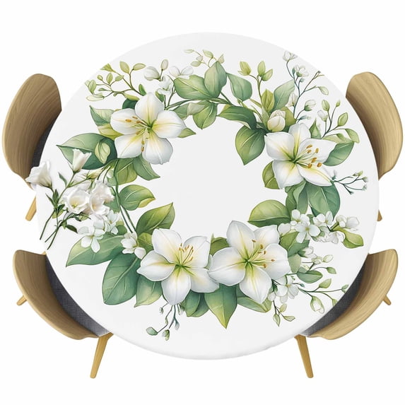 Watercolor Floral Wreath Round Tablecloth 55-60 Inch Round Fitted Table Cloth with Elastic Edge, Spring Botanical Blooms Waterproof Table Cover Protector for Outdoor Picnic Party Dining