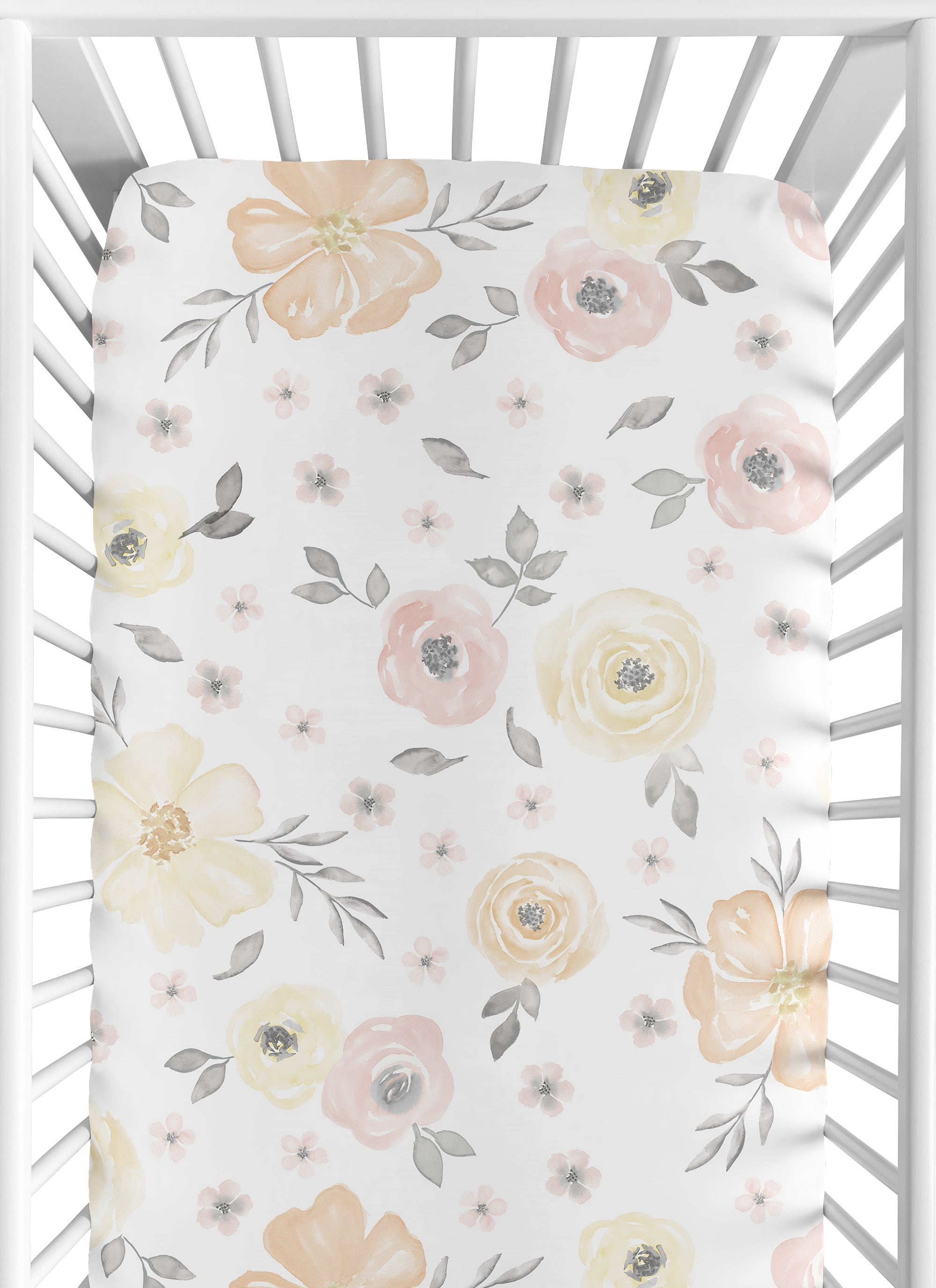 Watercolor Floral Yellow And Pink Fitted Crib Sheet by Sweet Jojo Designs