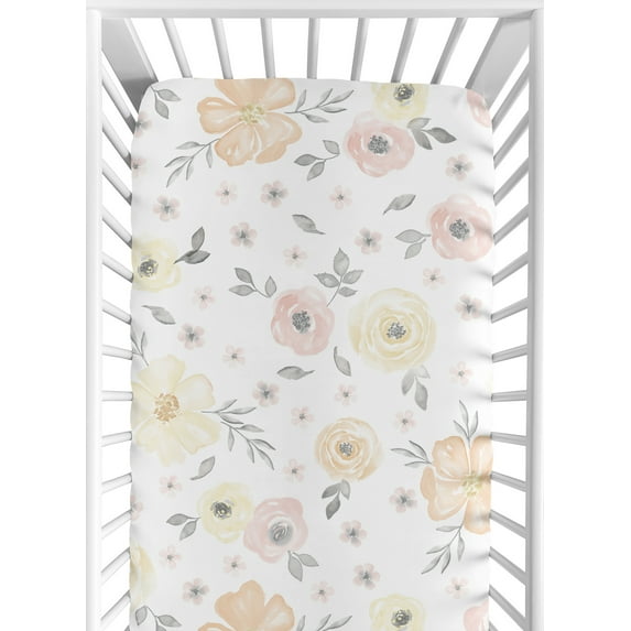 Watercolor Floral Yellow And Pink Fitted Crib Sheet by Sweet Jojo Designs