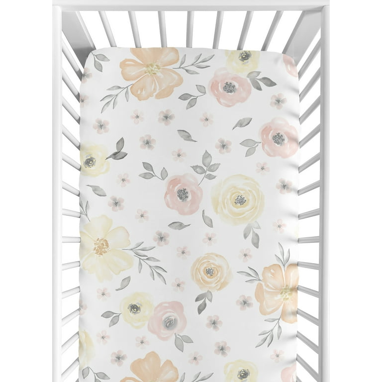 Watercolor Floral Yellow And Pink Fitted Crib Sheet by Sweet Jojo