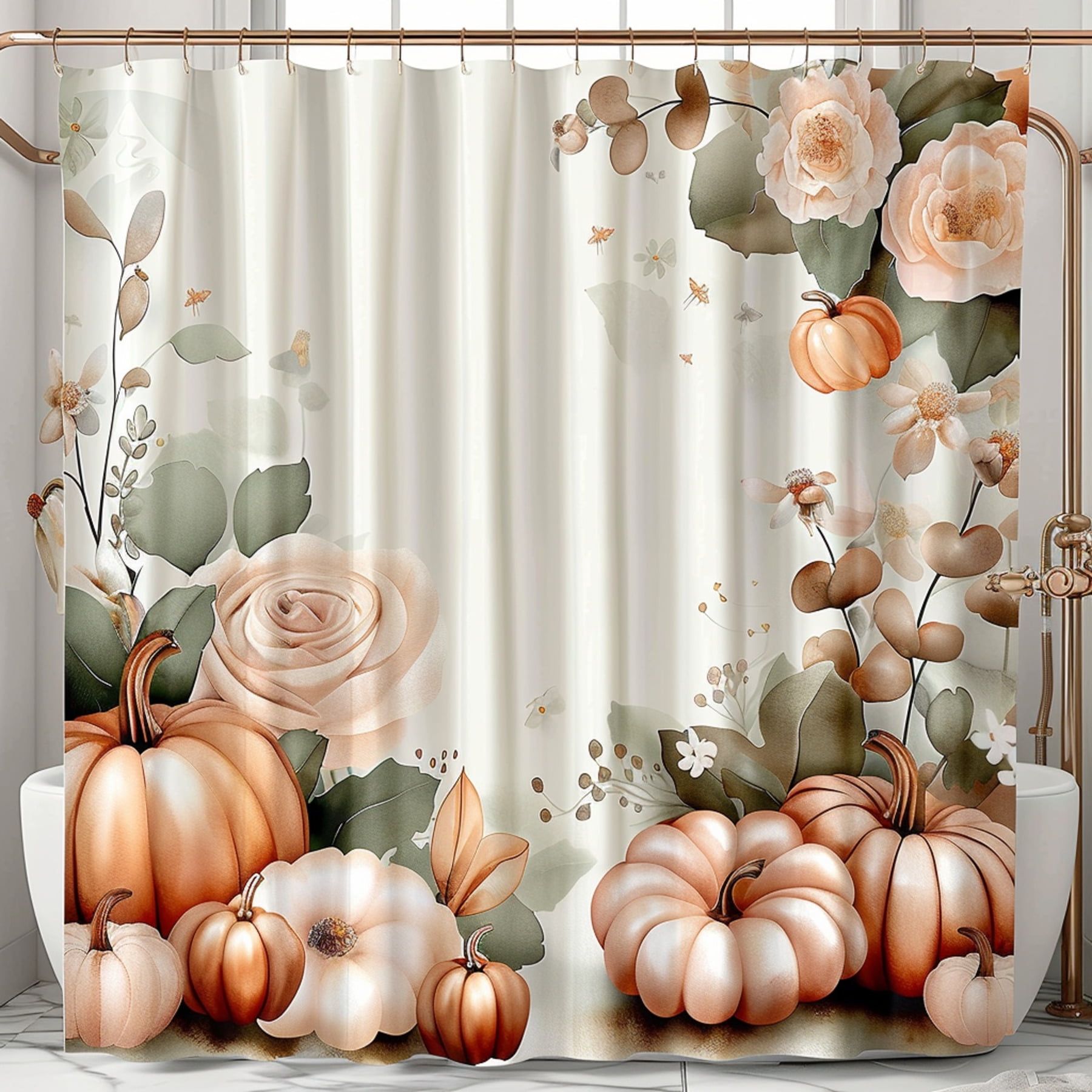 Watercolor Floral and Pumpkin Fall Themed Shower Curtain White Beige
