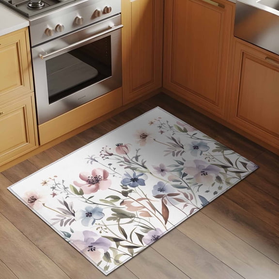 Watercolor Flower 2x3 Rug for Entryway Front Door Kitchen Sink Area, Grey Purple Floral Leaf Low Pile Washable Non Slip Rectangle Area Rug