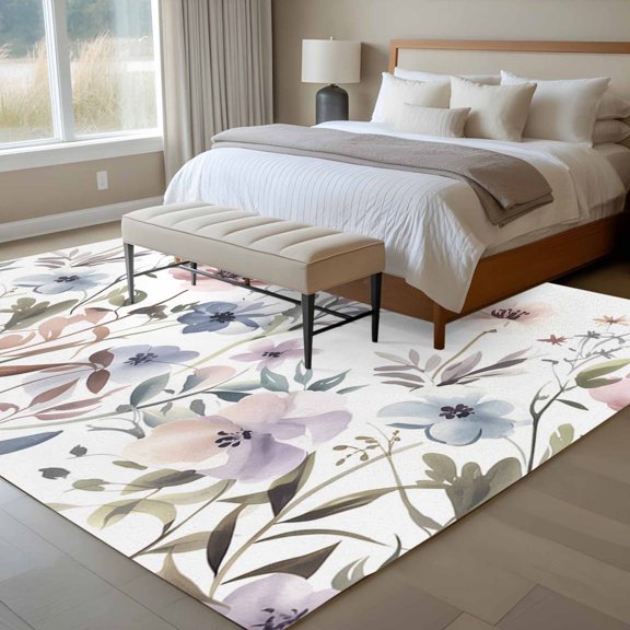 Watercolor Flower 6x9 Rug for Dining Room Table and Chair Setup, Grey Purple Floral Leaf Low Pile Washable Non Slip Rectangle Area Rug