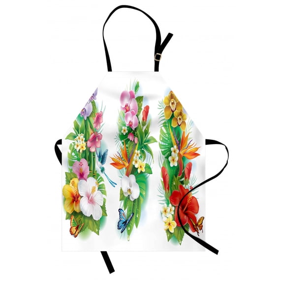 Watercolor Flower Apron Tropical Christmas Bouquet Tropical Hibiscus Blossoms Leaf Butterfly, Unisex Kitchen Bib Apron with Adjustable Neck for Cooking Baking Gardening, Multicolor, by Ambesonne