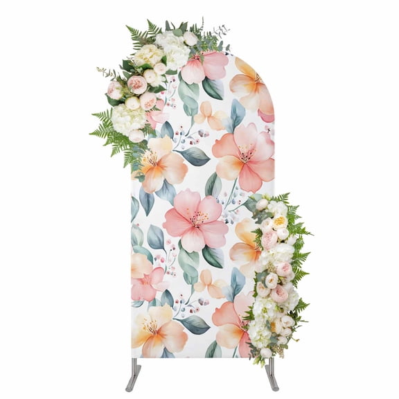 Watercolor Flower Arch Backdrop Cover 5FT, Pastel Pink Floral Sage Green Leaves Spandex Fitted Stretchy Arch Stand Covers, Round Top Chiara Backdrop Cover for Wedding Party Birthday Baby Shower