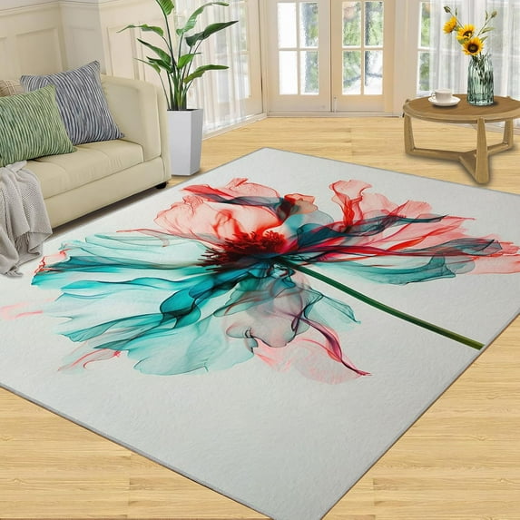 Watercolor Flower Area Rug Hibiscus Flowers Bedroom Rug Ink Wash Flowers Living Room Rug, Indoor Non-Slip Rugs, Machine Washable Carpet For Front Entrance Floor Decor 1x2ft