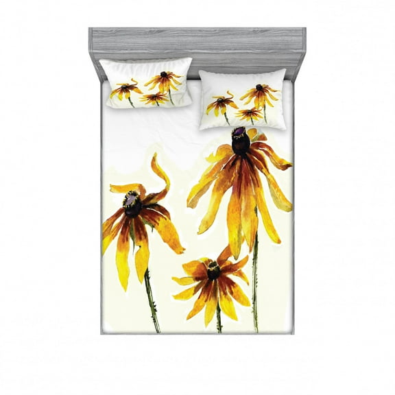 Watercolor Flower Bedding Set with Sheet & Covers, Garden with Daisy Flowers in Soft Painting Effect Dramatical Nature, Printed Bedroom Decor 2 Shams, 4 Sizes, Yellow White, by Ambesonne