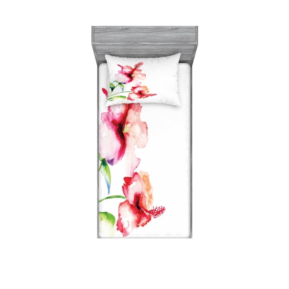Watercolor Flower Bedding Set with Sheet & Covers, Hibiscus Flowers on Plain Background in Pastel Colors Nature Theme, Printed Bedroom Decor 2 Shams, 4 Sizes, White Red Green, by Ambesonne