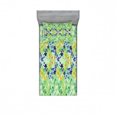 Watercolor Flower Bedding Set with Sheet & Covers, Orderly Symmetric Interlace Japanese Inspired Garden Flowers Hand Drawn, Printed Bedroom Decor 2 Shams, 4 Sizes, Green Blue, by Ambesonne