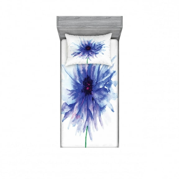 Watercolor Flower Bedding Set with Sheet & Covers, Single Large Petite Cornflower Plain Background Mother Earth Paint, Printed Bedroom Decor 2 Shams, 4 Sizes, Navy Blue White, by Ambesonne