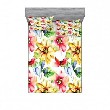 Watercolor Flower Bedding Set with Sheet & Covers, Spring Flora Pattern Print Painting Effect Country Style Artwork, Printed Bedroom Decor 2 Shams, 4 Sizes, Multicolor, by Ambesonne