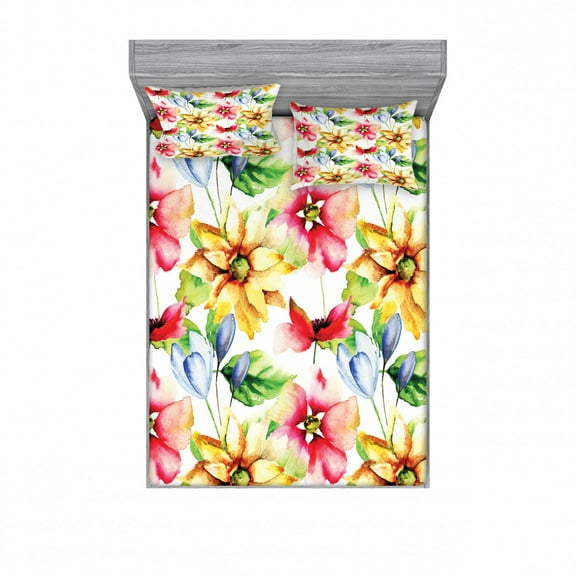 Watercolor Flower Bedding Set with Sheet & Covers, Spring Flora Pattern Print Painting Effect Country Style Artwork, Printed Bedroom Decor 2 Shams, 4 Sizes, Multicolor, by Ambesonne