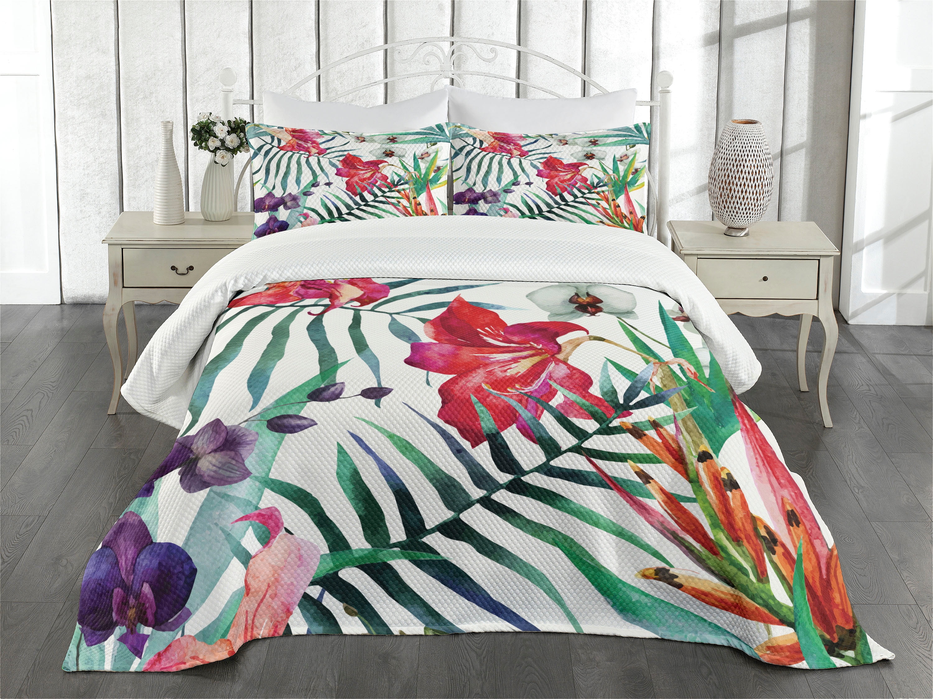 Watercolor Flower Bedspread Set King Size, Tropical Wild Orchid Flowers
