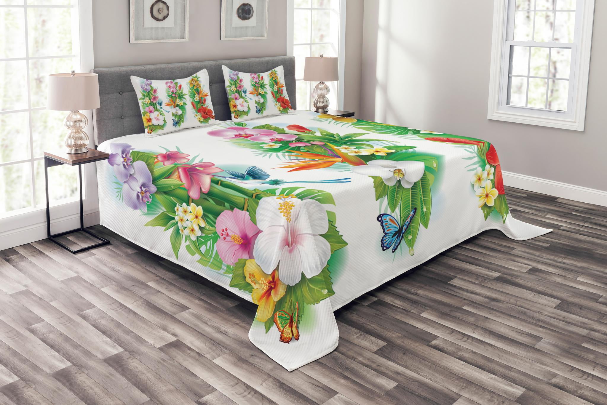 Watercolor Flower Bedspread Set Queen Size, Tropical Christmas Bouquet