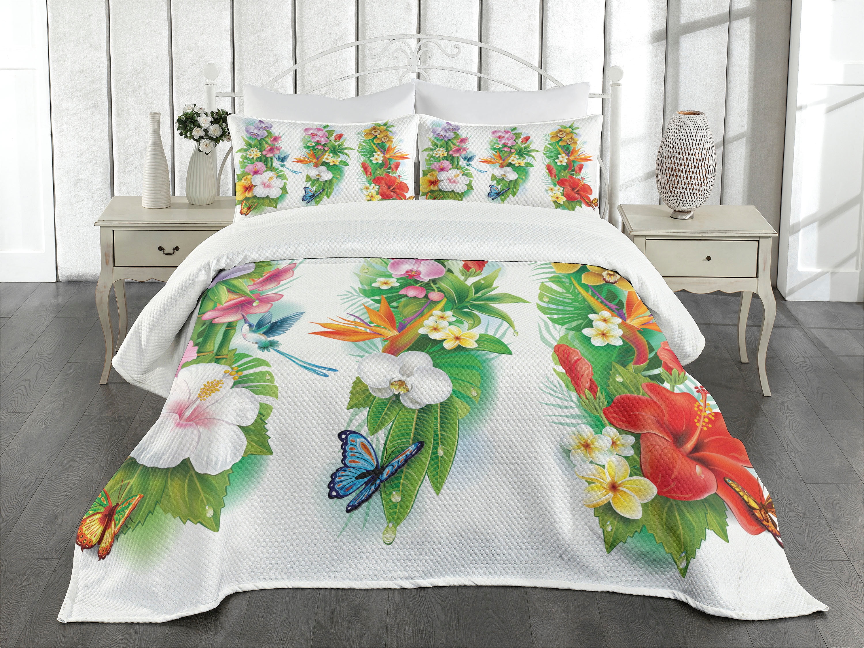 Watercolor Flower Bedspread Set Queen Size, Tropical Christmas Bouquet