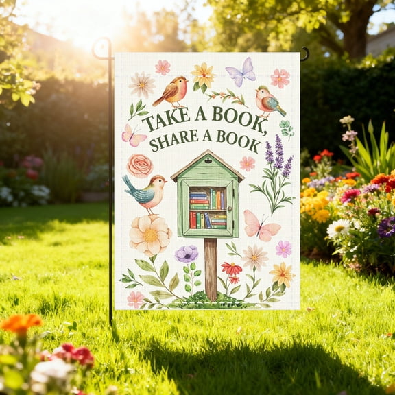 Watercolor Flower Bird Little Library Garden Flag, Porch Lawn Decor, Gift for Reading Lovers, Thanksgiving Christmas Gift