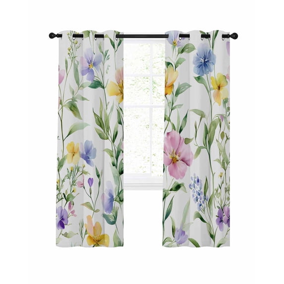 Watercolor Flower Blackout Curtains, Light Blocking Print Window Curtains, Spring Farm Leaf Country Floral Retro Thermal Insulated Window Drapes for Living Room Kitchen Cafe 2 Panels, 55"W x 39"L