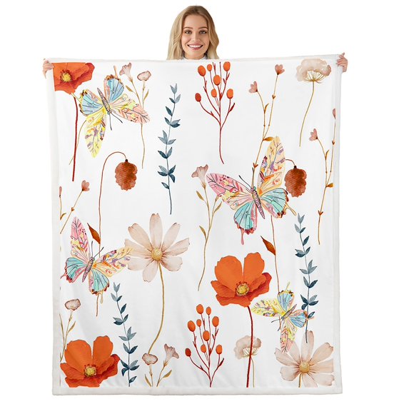 Watercolor Flower Butterfly Sherpa Blanket 40"X50" Women,Retro Orange Navy Floral Throw Blanket,Rustic Farmhouse Fleece Blanket Branches Pastoral Flannel Blanket Decorative Sofa Couch