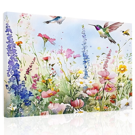 Watercolor Flower Canvas Print Wall Art, Hummingbird Hand-painted Flowers Bird Wall Decor Modern Artwork Paintings Pictures for Living Room Framed and Stretched Ready to Hang, 12" x 16"