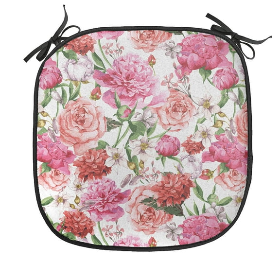 Watercolor Flower Chair Seating Cushion, Victorian Floral Pattern Painting Style Print with Peonies Roses, Soft Seat Pads for Office with Anti-slip Backing, 16"x16", White Pink Blush, by Ambesonne