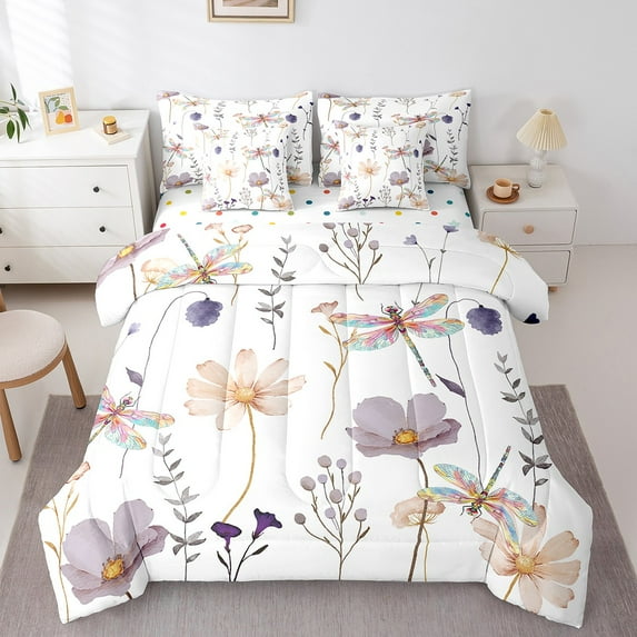 Watercolor Flower Comforter Set Twin Size,Dragonfly Bedding Set Women,Plum Beige Floral Bed In A Bag(Comforter+Fitted+Flat Sheet+2 Pillowcases+2 Throw Pillow Covers) 7 Pieces Bed Set