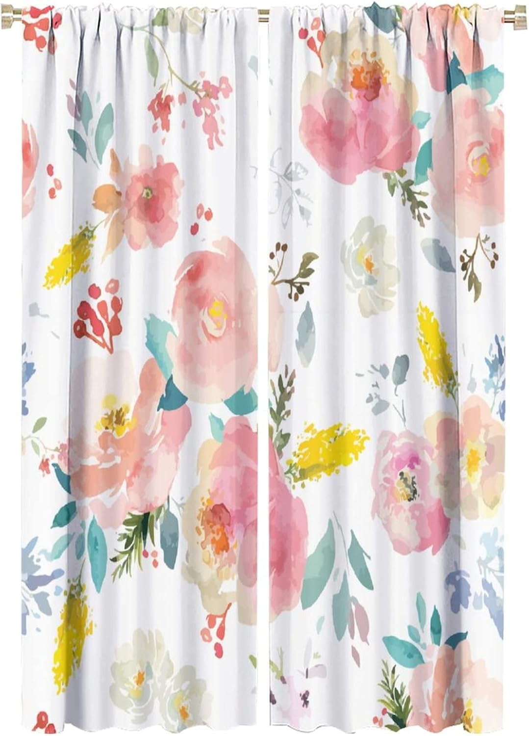 Watercolor Flower Curtains Romantic Pink Floral Pattern Blackout Print Rod Pocket Window Drapes for Bedroom Living Room 52x84in