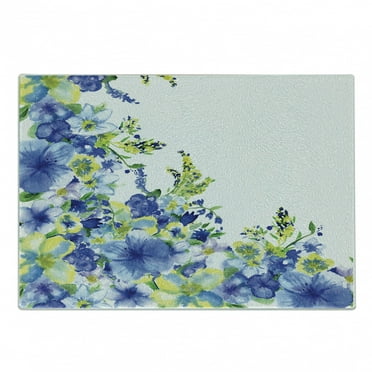 Watercolor Flower Cutting Board, Motley Floret Motifs with Splash Anemone Iris Revival of Nature Theme, Decorative Tempered Glass Cutting and Serving Board, Small Size, Blue Yellow, by Ambesonne