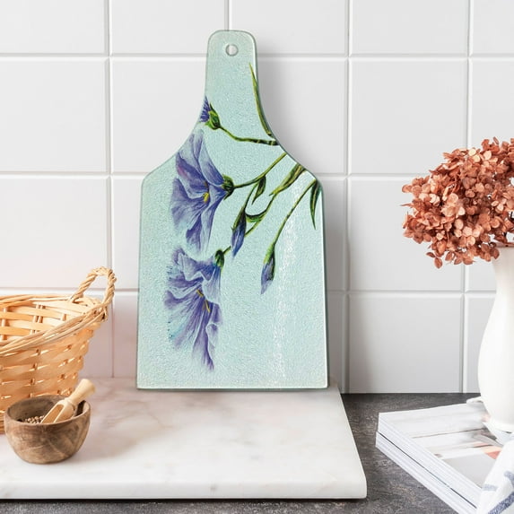Watercolor Flower Cutting Board, Wild Flowers Drawing of Romantic Summer Theme Mother Earth Art, Tempered Glass Cutting and Serving Board, Wine Bottle Shape, White Violet Green, by Ambesonne