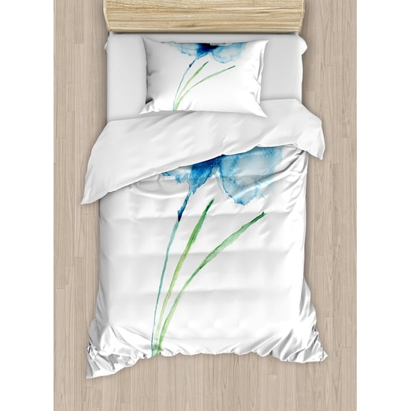 Watercolor Flower Duvet Cover Set, Cornflower Summer Botanic Floral Blooming Plants Print, Decorative 2 Piece Bedding Set with 1 Pillow Shams, Twin Size, Navy Blue White Green, by Ambesonne