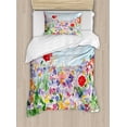 thumbnail image 1 of Watercolor Flower Duvet Cover Set, Floral Summer Garden Grass and Blooms Love Illustration Print, Decorative 2 Piece Bedding Set with 1 Pillow Shams, Twin Size, Red Green Purple, by Ambesonne, 1 of 3