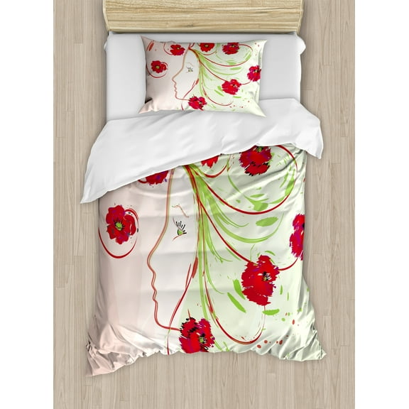 Watercolor Flower Duvet Cover Set, Girl Profile Poppies Floral Hair Watercolor Effect Design Print, Decorative 2 Piece Bedding Set with 1 Pillow Shams, Twin Size, Green Red, by Ambesonne