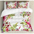 thumbnail image 1 of Watercolor Flower Duvet Cover Set King Size, Fresh Curly Willow and Dahlia Floral Summer Buds Pollen Hand Drawn Print, Decorative 3 Piece Bedding Set with 2 Pillow Shams, Pink Green, by Ambesonne, 1 of 3