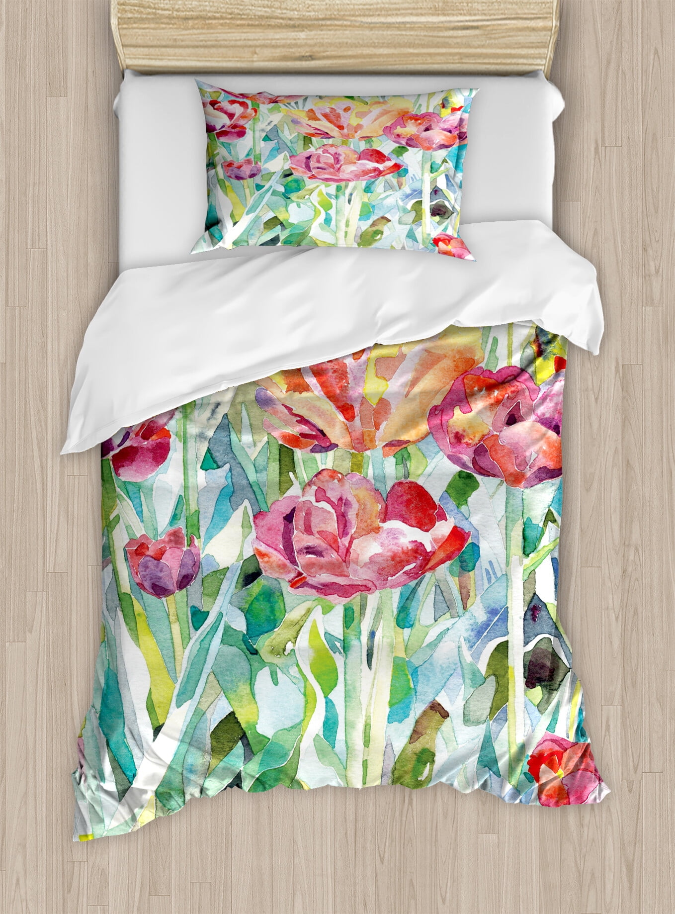 Watercolor Flower Duvet Cover Set, Painting of Summer Spring Flowers in Faded Colors Floral ...