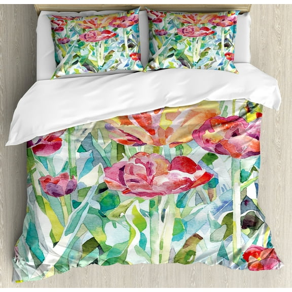Watercolor Flower Duvet Cover Set, Painting of Summer Spring Flowers in Faded Colors Floral Seasonal Print, Decorative 3 Piece Bedding Set with 2 Pillow Shams, King Size, Multicolor, by Ambesonne