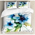 thumbnail image 1 of Watercolor Flower Duvet Cover Set Queen Size, Pale Colored Summer Flower Painting with Leaves Bouquet Nature Art, Decorative 3 Piece Bedding Set with 2 Pillow Shams, Teal Green White, by Ambesonne, 1 of 3