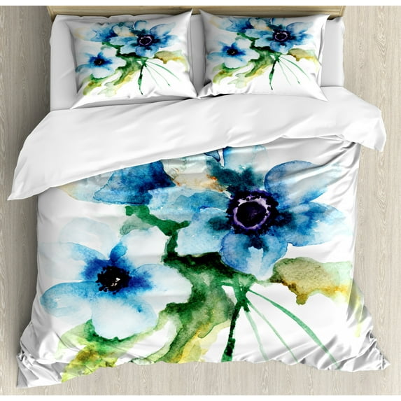 Watercolor Flower Duvet Cover Set Queen Size, Pale Colored Summer Flower Painting with Leaves Bouquet Nature Art, Decorative 3 Piece Bedding Set with 2 Pillow Shams, Teal Green White, by Ambesonne