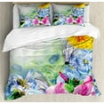 thumbnail image 1 of Watercolor Flower Duvet Cover Set Queen Size, Surreal Iris Peony Poppy Petals Paint with Moth Butterflies Wilderness, Decorative 3 Piece Bedding Set with 2 Pillow Shams, Multicolor, by Ambesonne, 1 of 3