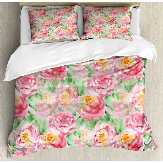 Watercolor Flower Duvet Cover Set, Rose Flower Composition with Leaves in Soft Colors Blooming Plant Art, Decorative 3 Piece Bedding Set with 2 Pillow Shams, Calking Size, Pink Green, by Ambesonne