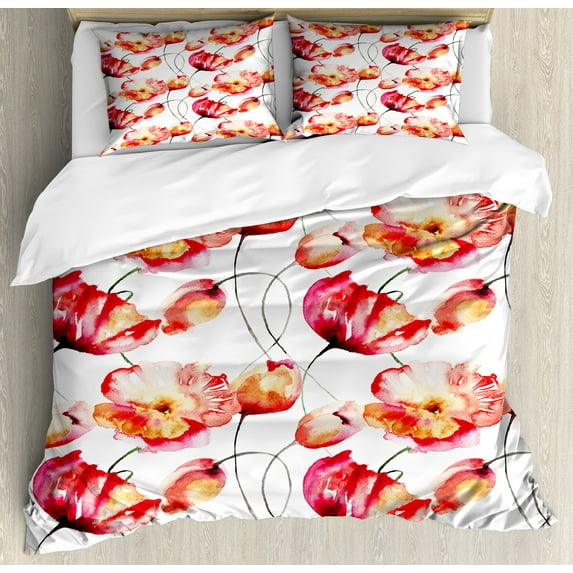 Watercolor Flower Duvet Cover Set, Shaded Large Poppy and Tulip Flower Painting Spring Blooms Season, Decorative 3 Piece Bedding Set with 2 Pillow Shams, Queen Size, Red White Orange, by Ambesonne