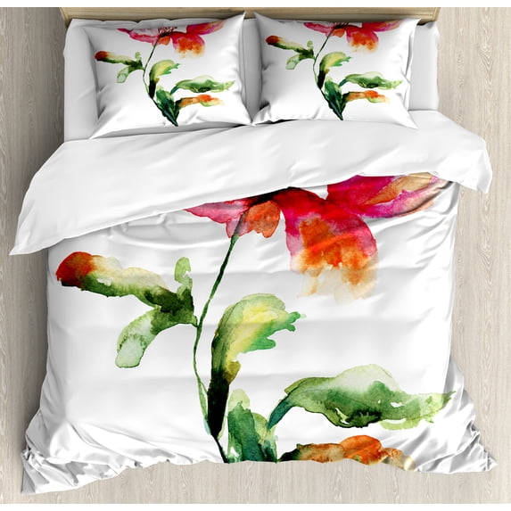 Watercolor Flower Duvet Cover Set, Shaded Single Poppy Flowering Plant Muse Nature Earth Divine Grace, Decorative 3 Piece Bedding Set with 2 Pillow Shams, Queen Size, Red Green White, by Ambesonne