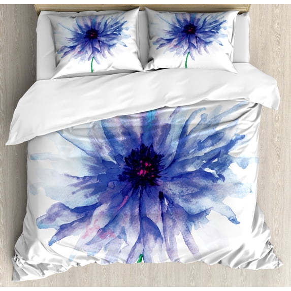 Watercolor Flower Duvet Cover Set, Single Large Petite Cornflower Plain Background Mother Earth Paint, Decorative 3 Piece Bedding Set with 2 Pillow Shams, Queen Size, Navy Blue White, by Ambesonne